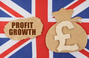 Currency Symbol and UK Flag Background - Profit Growth Inscription
