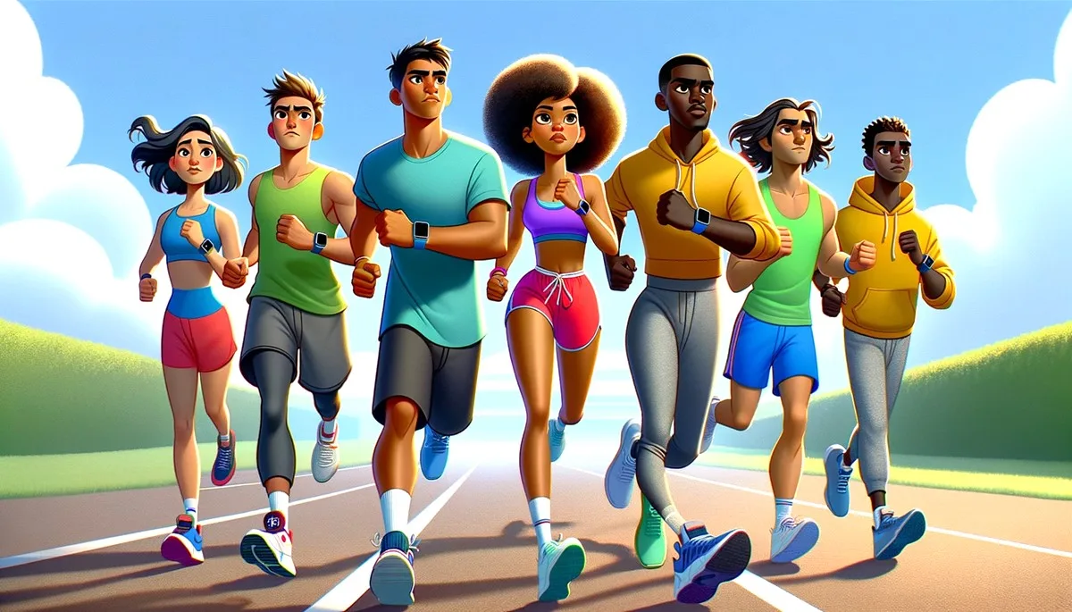 cartoon illustration of a highly diverse group of people running